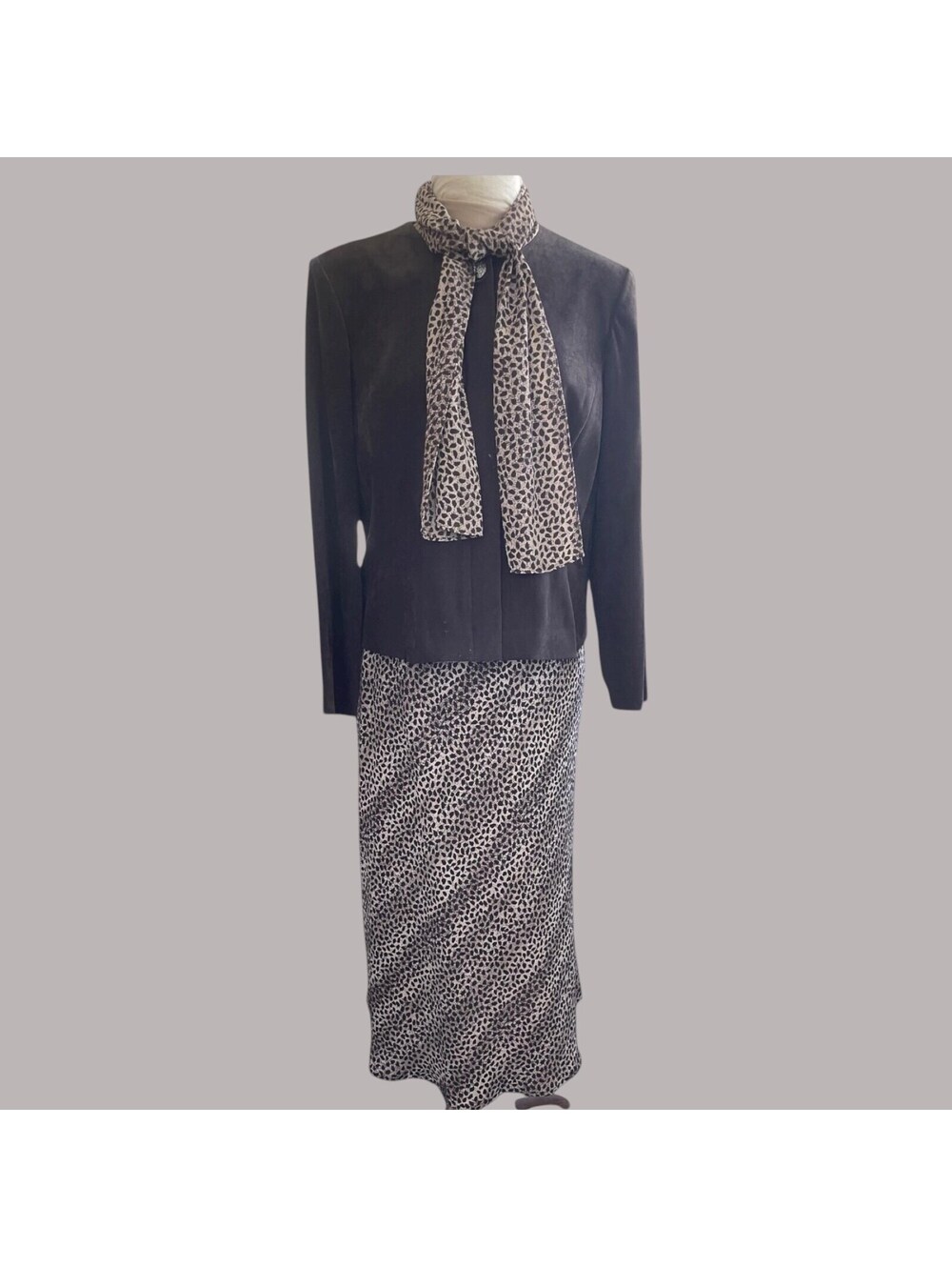Vintage 80s Leslie Faye Faux Suede Skirt Set: Leopard Print, Size 14P